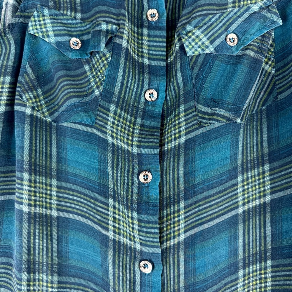 True Religion Womens Sleeveless Plaid Button Down Shirt Teal Green Small S/P - Picture 2 of 9